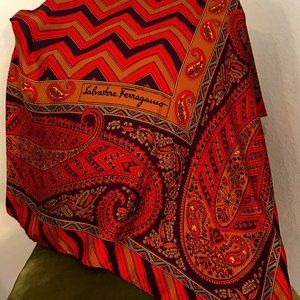 Ferragamo LARGE Silk Scarf/Shawl/Throw - Red Orange Paisley Purple Black ZigZag